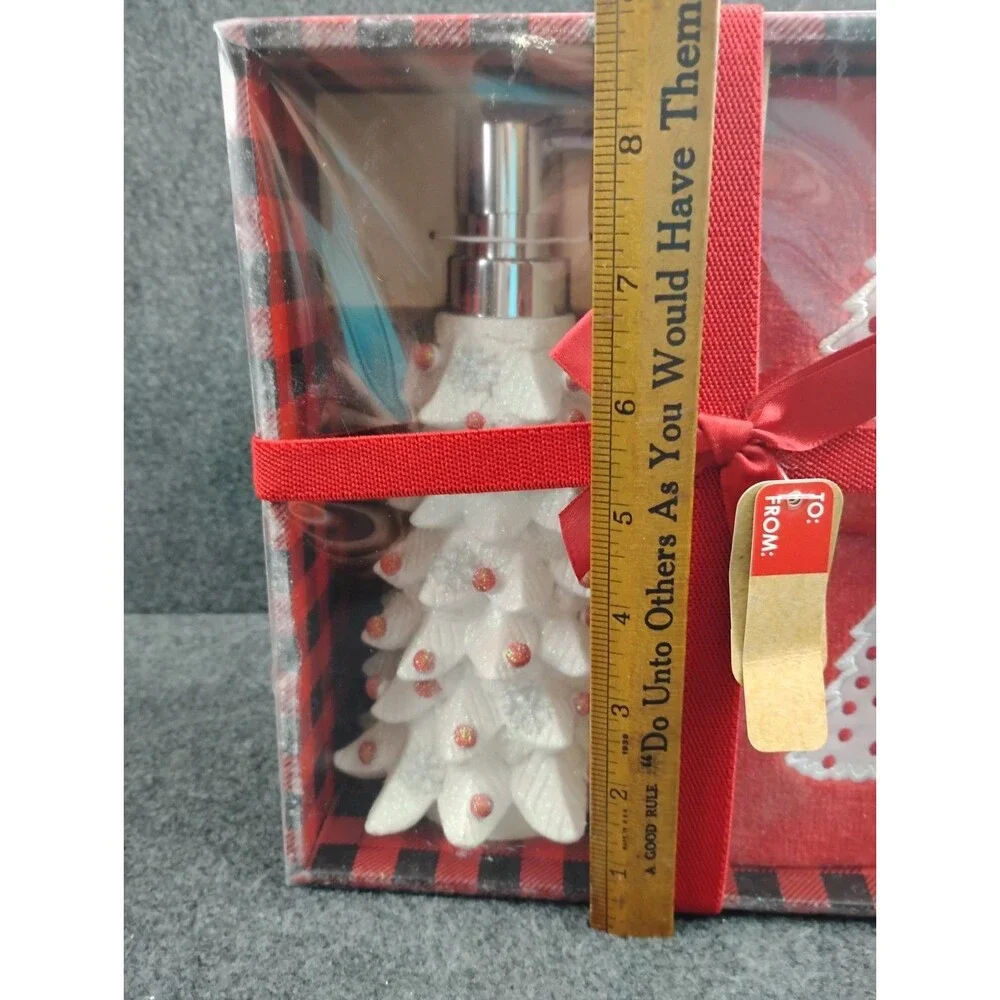White Christmas Tree Soap Lotion Dispenser and 2 Red Fingertip Towels NEW in Box